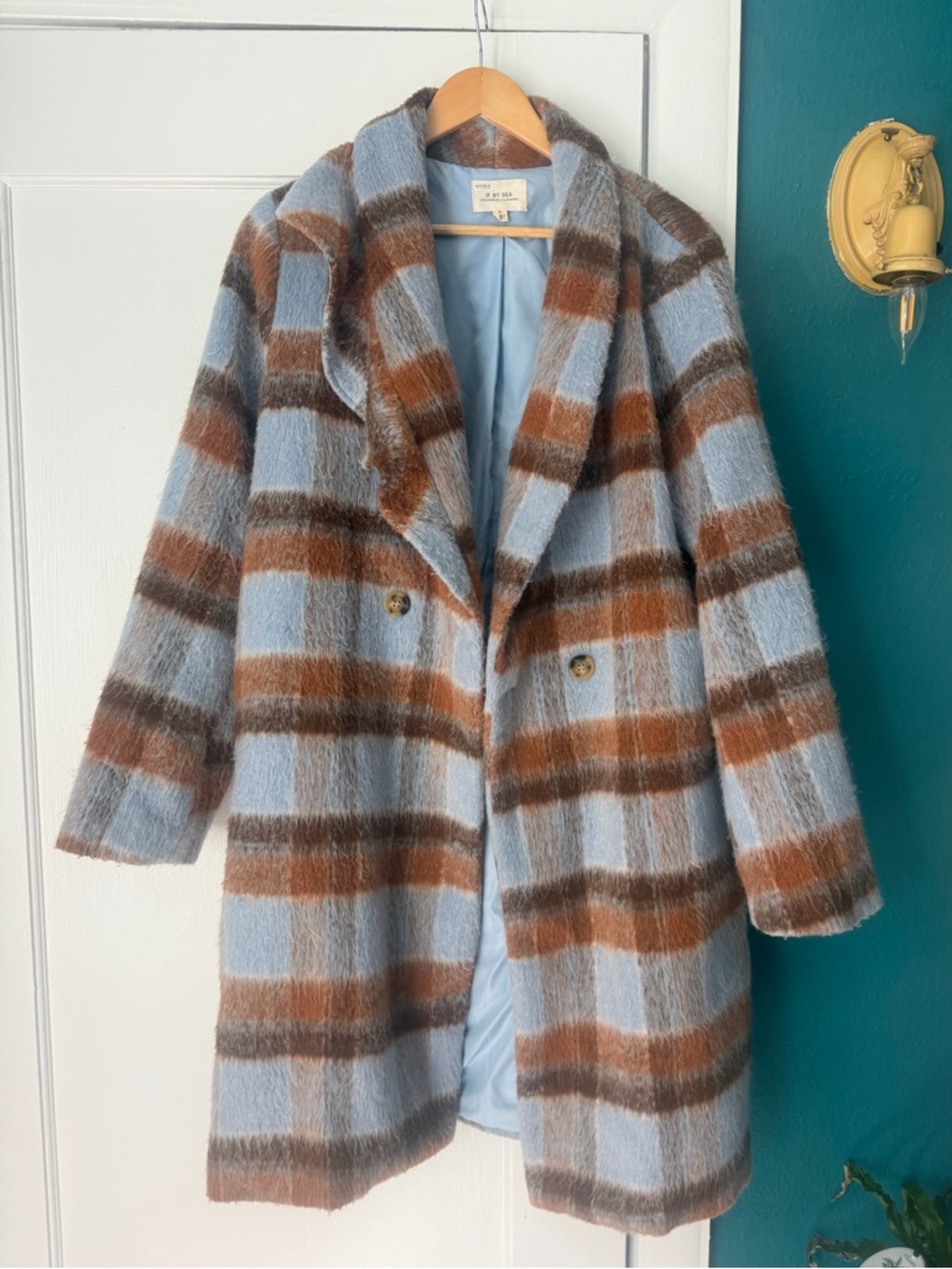 If By Sea Plaid Pea Coat in Light Blue and Brown